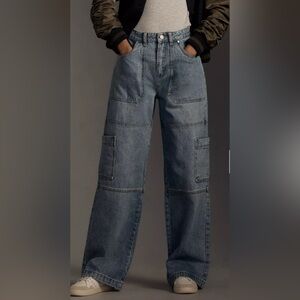Avec Les Filles Blue Flare Wide Leg Cargo Jeans